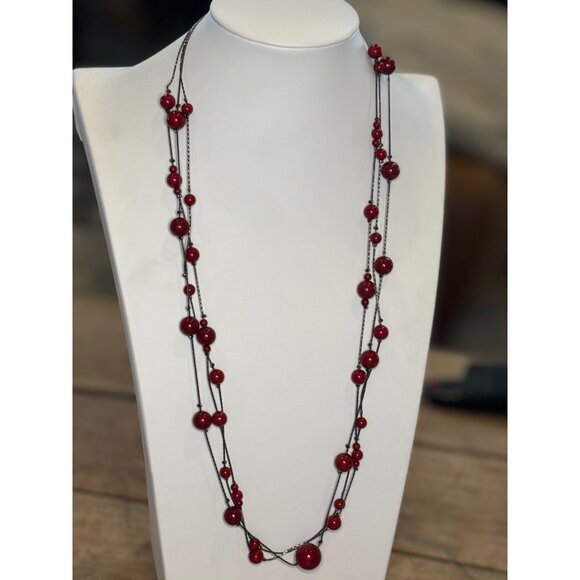 Long Layered Red Bead Necklace With Black Multistrand Wire & Lobster Clasp Jewel - Picture 9 of 9